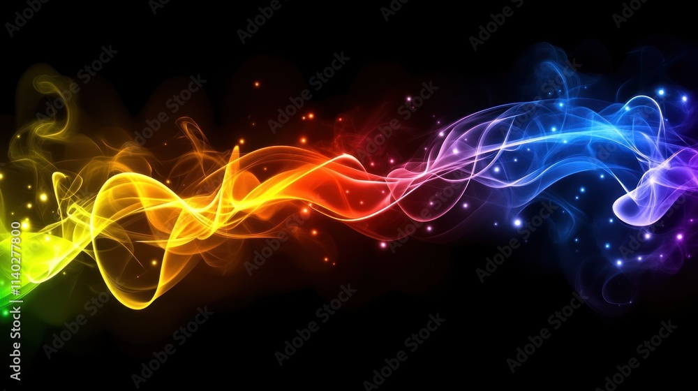 Obraz premium Abstract swirling rainbow smoke with bright sparkles on black background.