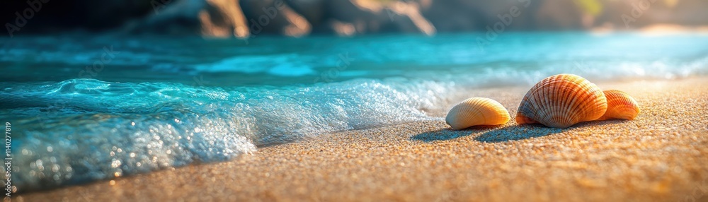 Obraz premium Experience the Serene Vibe of a Vibrant Beach with Turquoise Water, where Colorful Shells dot the Seashore, promoting Tropical Vacation Mood and Seashore Relaxation Ideal for summer holidays, travel