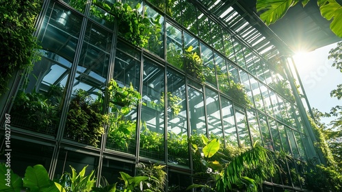 Green building with plants symbolizes sustainable energy efficiency.