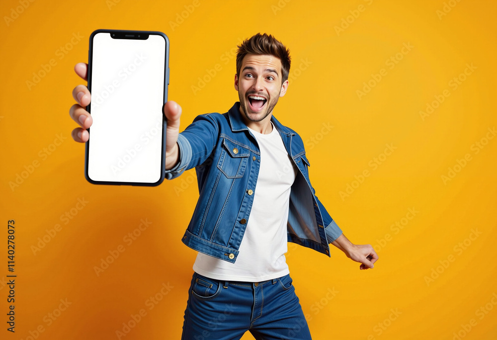 A man holding a phone and another holding a blank sign on a white background, yellow background, mockup phone. A man holding a phone and another holding a blank sign on a white background, yellow background, mockup phone.