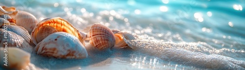 Experience the ultimate seashore relaxation with this vibrant beach image, featuring turquoise water and colorful shells This picture captures a serene vibe and the perfect tropical vacation mood photo