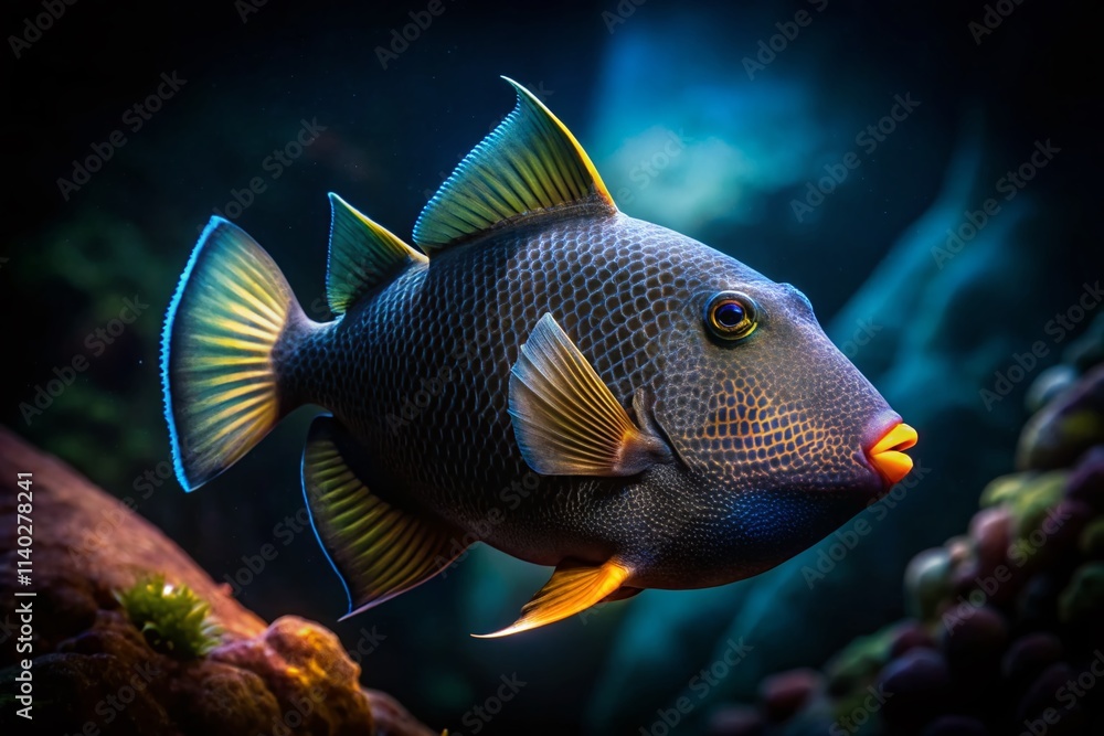 Black Triggerfish Low Light Underwater Photography, Dark Ocean Fish, Night Dive, Deep Sea Creature, Marine Life, Submerged Wildlife Black Triggerfish Low Light Underwater Photography, Dark Ocean Fish, Night Dive, Deep Sea Creature, Marine Life, Submerged Wildlife