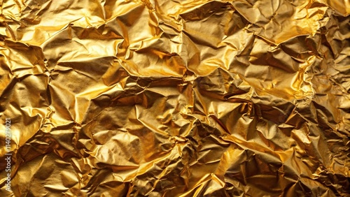 Shiny wrinkled golden foil texture crumpled metal background at tilted angle