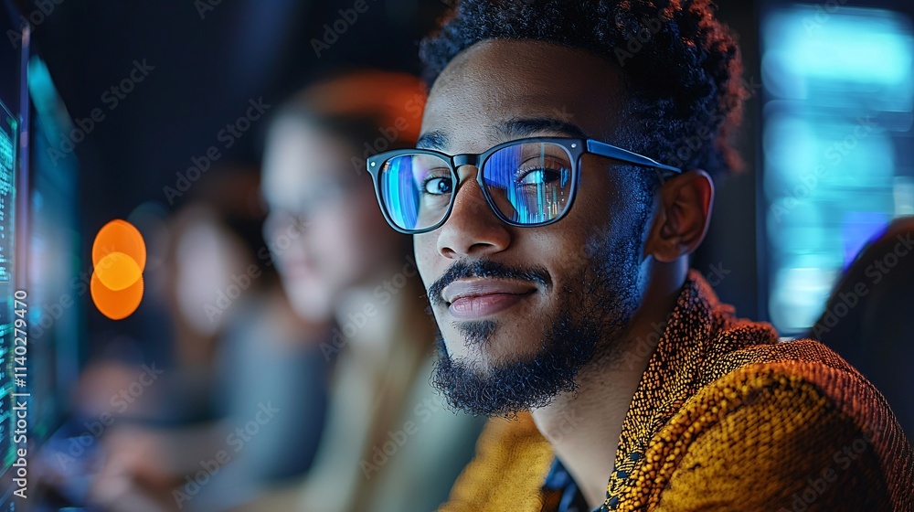 Obraz premium Group of tech innovators discussing career opportunities and automation strategies in a high-tech lab Stock Photo with side copy space