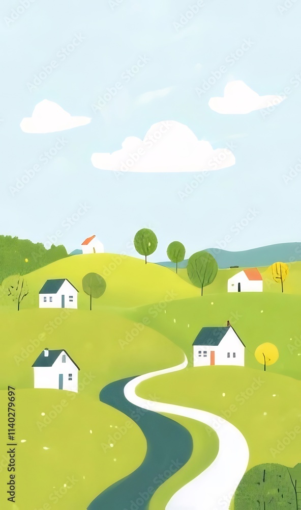 Idyllic countryside scene with houses, winding river, and rolling green hills under a blue sky with fluffy clouds. Idyllic countryside scene with houses, winding river, and rolling green hills under a blue sky with fluffy clouds.