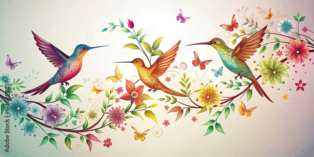 Fototapeta premium Silhouette abstract art of hummingbirds with floral