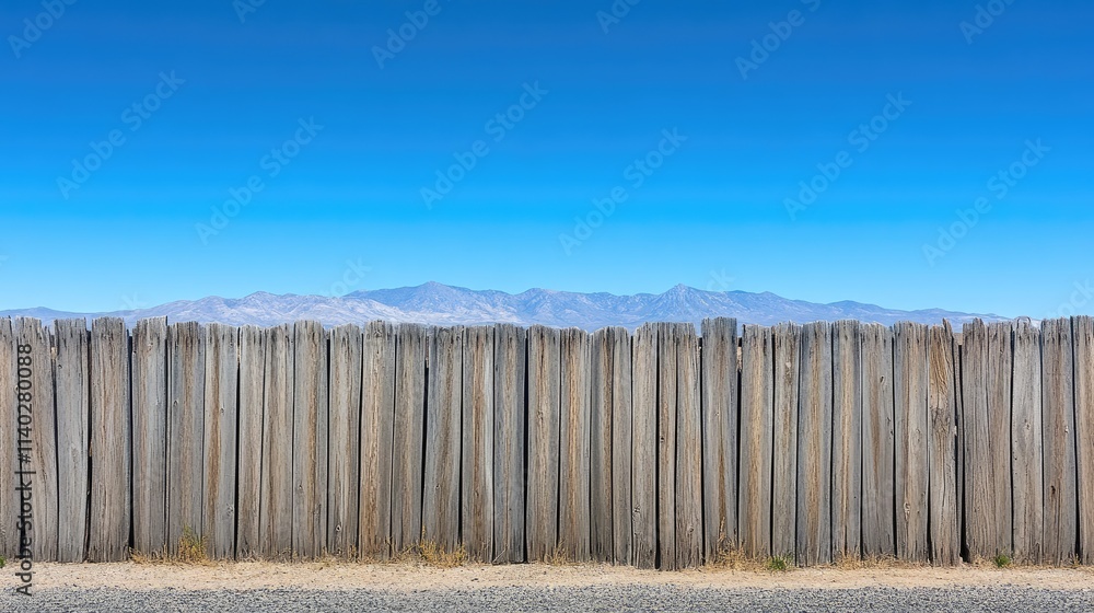 Fototapeta premium Rustic Wooden Fence Against Clear Sky and Mountain Landscape