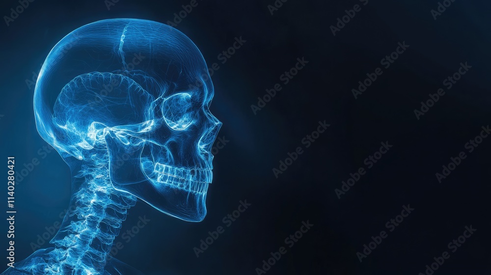 Detailed X-ray Visualization of Human Skull Profile on Dark Background Detailed X-ray Visualization of Human Skull Profile on Dark Background