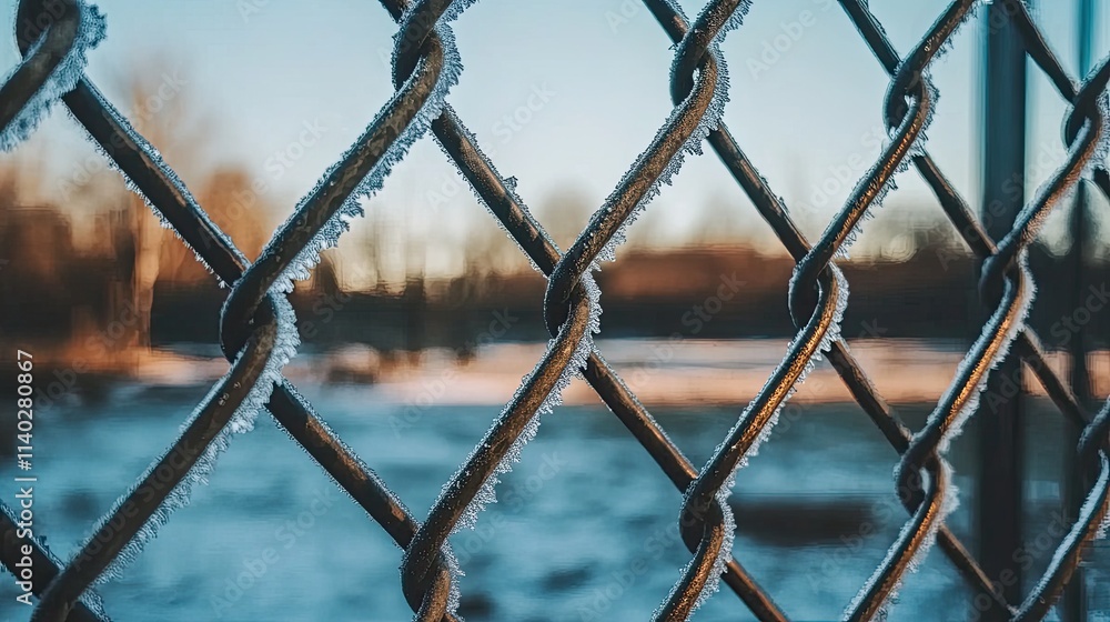 Frosty Chain Link Fence in Winter Landscape with Soft Focus Background Frosty Chain Link Fence in Winter Landscape with Soft Focus Background