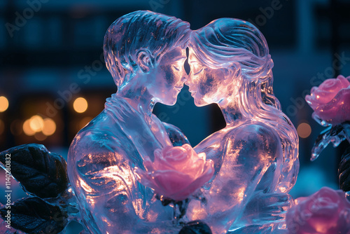 a couple of statues that are next to each other with flowers on them in front of a window display photo