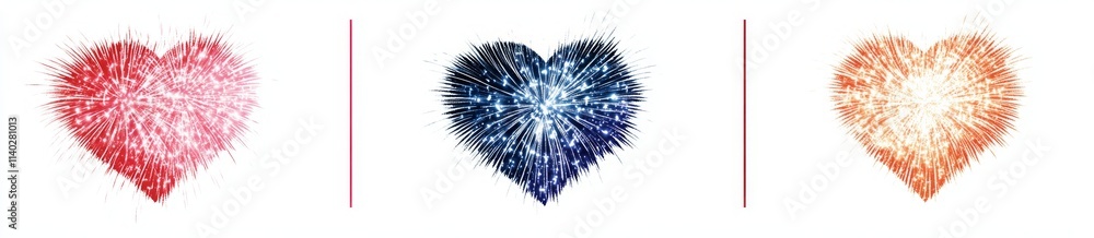 Obraz premium Set of Heart-Shaped Fireworks Clip Art on White Background. Vibrant and Festive Design.