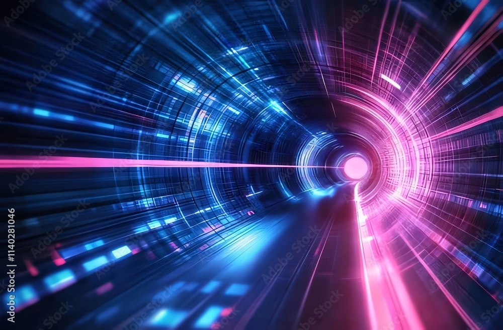 Abstract glowing tunnel with neon lights and digital elements. Abstract glowing tunnel with neon lights and digital elements.