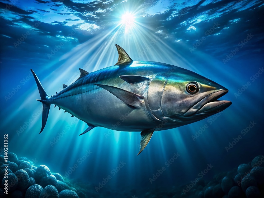 Fototapeta premium Bluefin Tuna: Oceanic Powerhouse - Underwater Photography, Deep Sea, Giant Fish, Pacific Ocean, Atlantic Ocean, Marine Life, Seafood, Wild Tuna, Fish Anatomy, Ocean Wildlife, Underwater Scene.