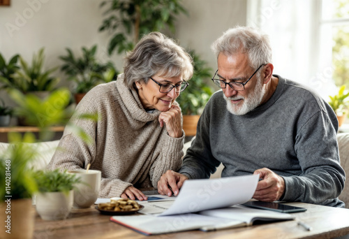 A senior couple sits at a table surrounded by paperwork, coffee mugs, and a comfortable home setting, showcasing togetherness and planning.
