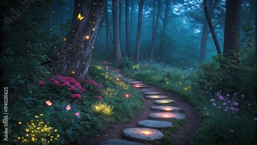 Fireflies and butterflies are flying around a glowing path made of stones in a magical enchanted forest at twilight, creating a fantasy atmosphere photo