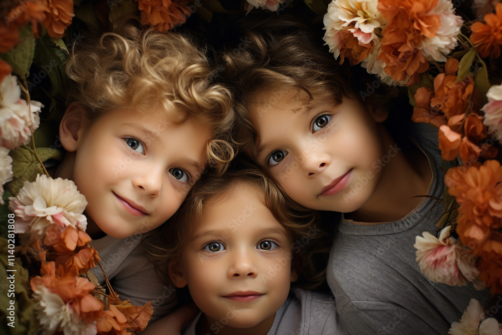 Generative AI image of happy sweet cute charming children together Generative AI image of happy sweet cute charming children together