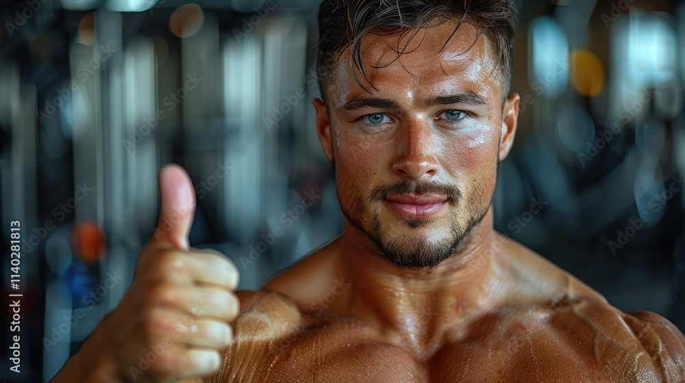 A muscular man giving a thumbs-up in a gym setting, showcasing fitness and positivity. A muscular man giving a thumbs-up in a gym setting, showcasing fitness and positivity.