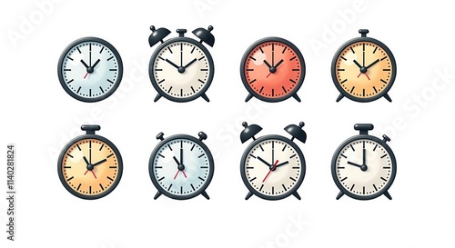 Collection of Vintage Alarm Clock Illustrations in Various Colors and Designs Perfect for Time Management and Retro Themes