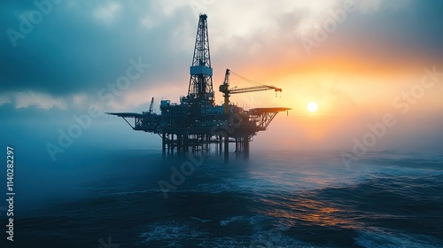 Offshore Oil Rig at Sunset Against a Misty Ocean Horizon