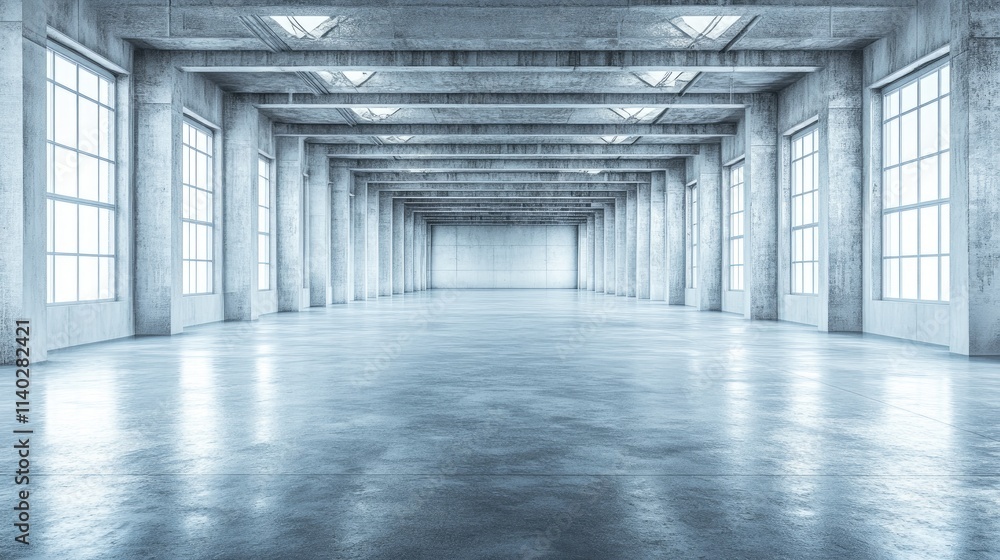Spacious Empty Industrial Room with Smooth Concrete Floors and Windows Spacious Empty Industrial Room with Smooth Concrete Floors and Windows