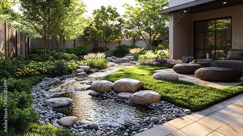 Wallpaper Mural Serene Japanese Garden with Flowing Stream and Pond in Natural Landscape Torontodigital.ca