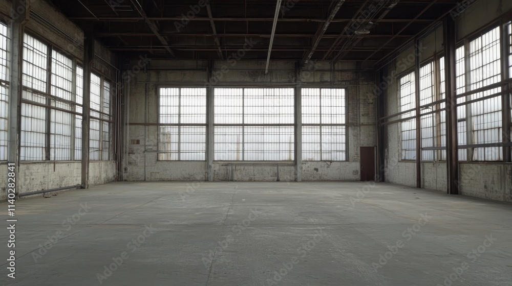 Empty Industrial Warehouse with Large Windows and Concrete Floor Empty Industrial Warehouse with Large Windows and Concrete Floor