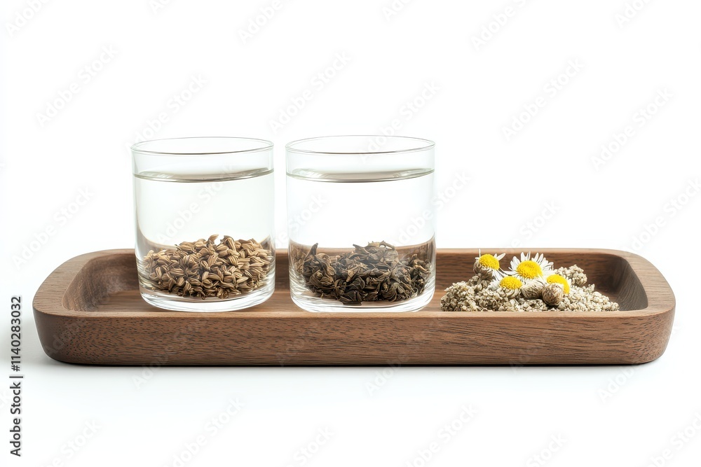 Chrysanthemum tea is served in a glass with dried flowers and seeds on a wooden tray against a white backdrop It has a pleasant aroma and taste Herbal infusion Chrysanthemum tea is served in a glass with dried flowers and seeds on a wooden tray against a white backdrop It has a pleasant aroma and taste Herbal infusion
