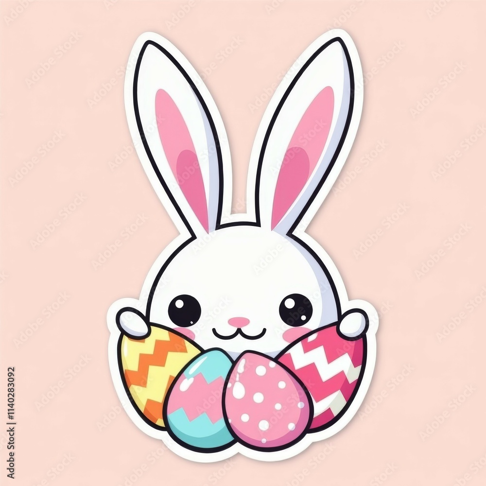 the peeking heads of bunnies from under pastel colored eggs on a pastel background. Easter bunnies with eggs