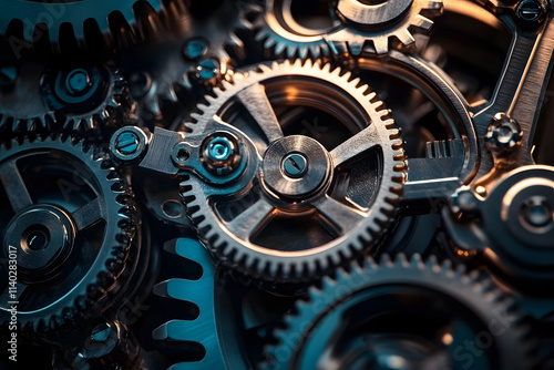 Close-up of interlocking metal gears representing teamwork and precision