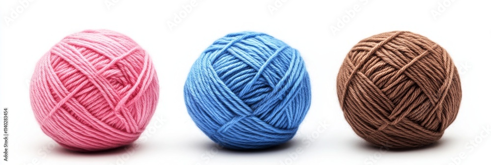 Pink Brown Blue Yarn Balls for Knitting Crocheting, Top View with Copy Space on White Background. Vector Illustration. Pink Brown Blue Yarn Balls for Knitting Crocheting, Top View with Copy Space on White Background. Vector Illustration.