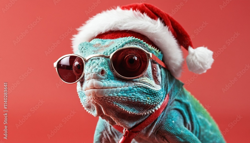 Happy Christmas! Enjoy your holiday getaway. Winter greeting card with an animal pet Cool chameleon on a red backdrop wearing a Santa Claus hat and sunglasses Happy Christmas! Enjoy your holiday getaway. Winter greeting card with an animal pet Cool chameleon on a red backdrop wearing a Santa Claus hat and sunglasses