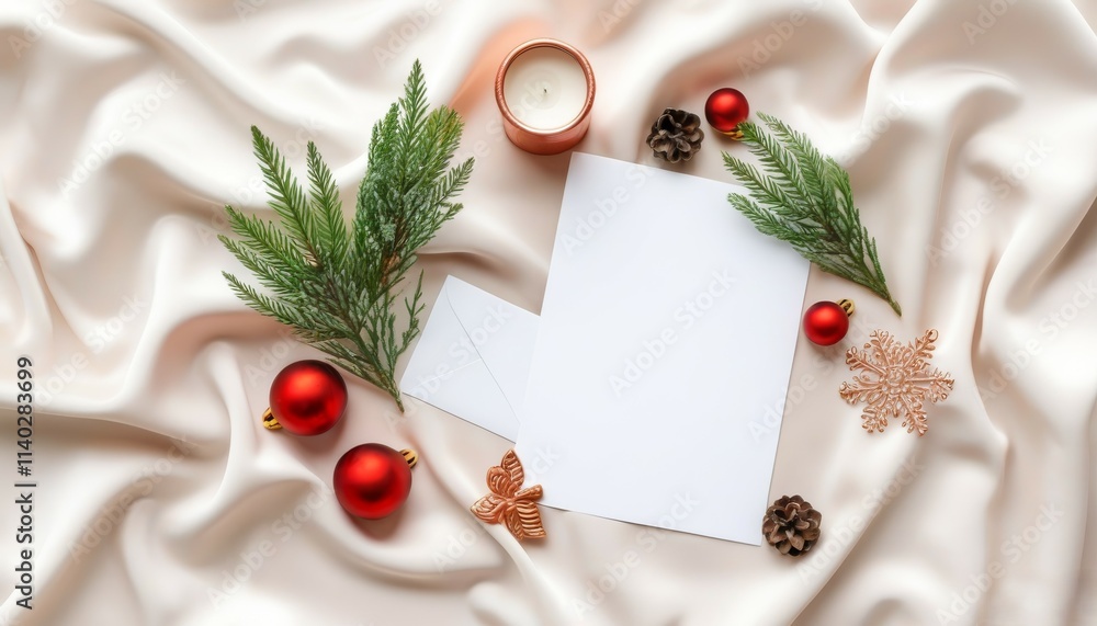 Obraz premium a white blank sheet on the table against the background of New Year decorations, green fir branches and balls on and around them, a letter to Santa Claus, write a message