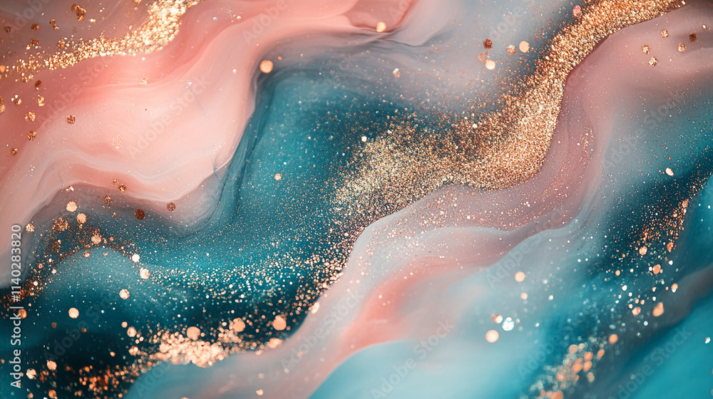 Obraz premium Teal, peach, and pink hues with shimmering gold and silver accents, blending glitter and bokeh textures in a stunning design 