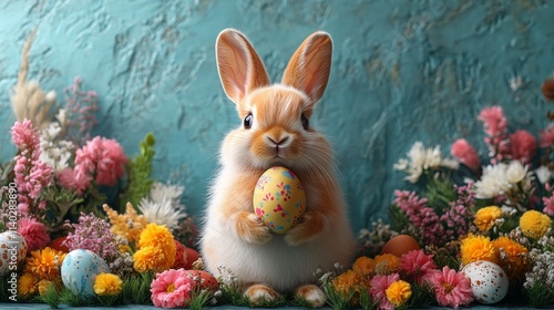 create realistic phtoto style easter day card flat design of rabbit hold easter egg on hand at the center of frame photo