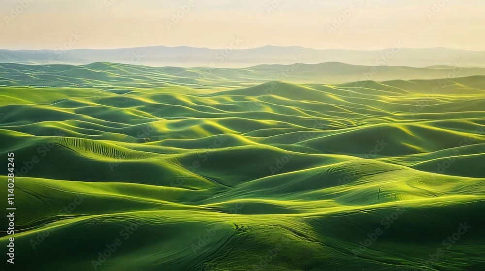 Rolling green hills bathed in sunrise light. Rolling green hills bathed in sunrise light.