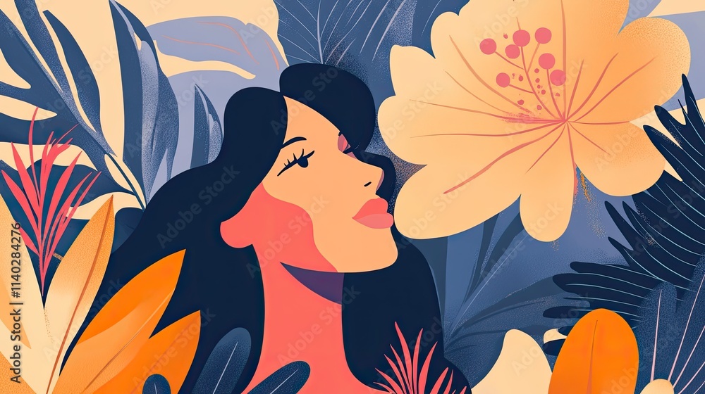 Woman's profile amidst vibrant tropical flowers and leaves. Woman's profile amidst vibrant tropical flowers and leaves.