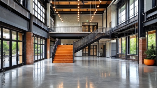 Modern Industrial Hall with Open Space and Bright Staircase Design