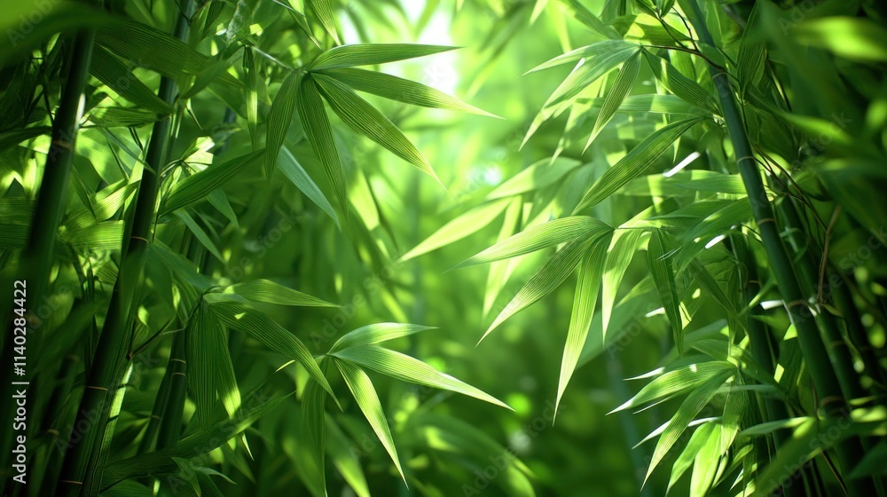 Obraz premium Lush green bamboo forest with sunlight filtering through leaves.