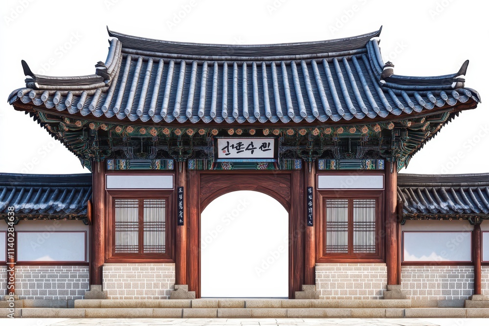 Classic curved doorway of an ancient Korean structure on a white backdrop Classic curved doorway of an ancient Korean structure on a white backdrop