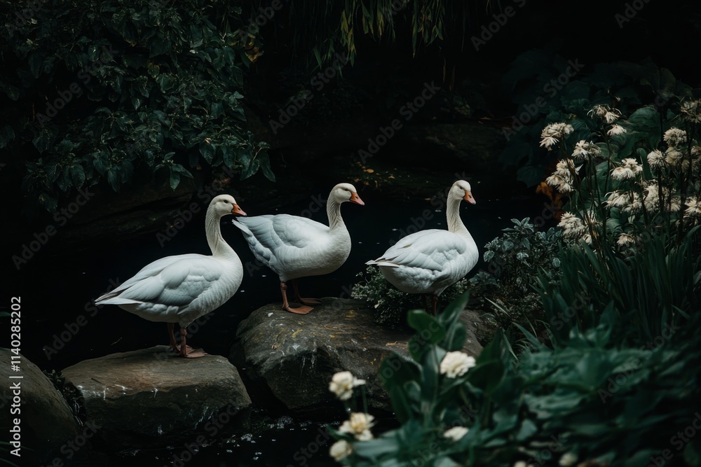 Three white geese with orange feet walking on green grass in outdoor garden. Three white geese with orange feet walking on green grass in outdoor garden.