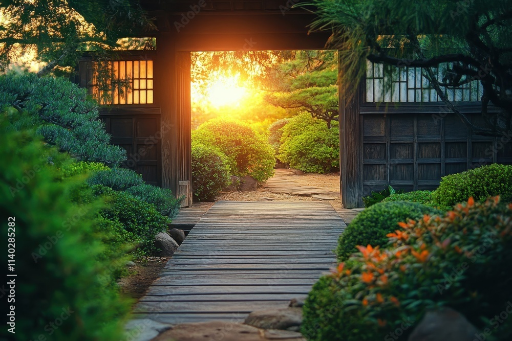 Obraz premium Classic Japanese garden entrance with wooden walkway and vibrant plants during sunset Design and print theme of calmness and serenity