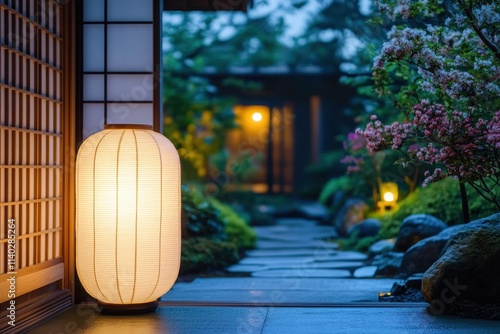 Classic Japanese home or ryokan featuring shoji doors tatami flooring and nighttime lighting