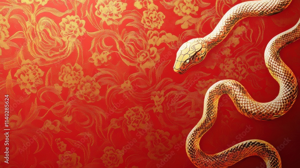 Obraz premium Golden snake against red floral background for cultural celebration