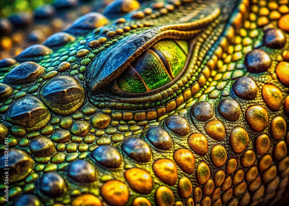 Fototapeta premium Bokeh Crocodile Texture Photography: Stunning Reptile Skin Close-Up with Blurred Background