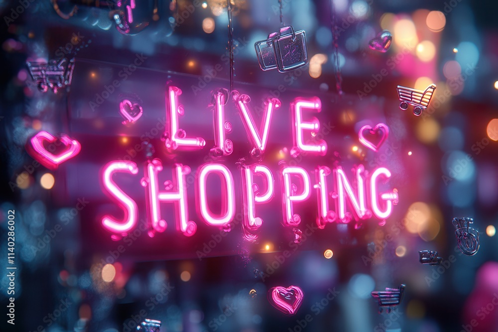Neon Live Shopping Sign With Floating Shopping Icons Neon Live Shopping Sign With Floating Shopping Icons