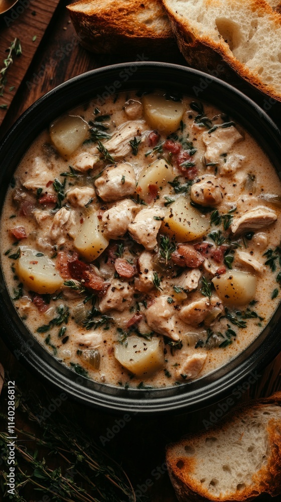 This hearty chicken and potato stew, cooked in a slow cooker, features tender meat, creamy sauce, and fresh herbs, served with crispy bread for dipping This hearty chicken and potato stew, cooked in a slow cooker, features tender meat, creamy sauce, and fresh herbs, served with crispy bread for dipping