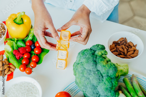 Female hands holding pill organizer with nutritional supplements on table with fresh food ingredients. Balanced Diet. Supplementing diet with missing vitamins. Dietary Daily intake for woman health photo