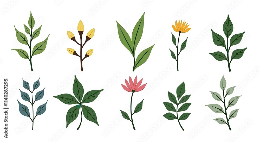 Botanical Illustration Set with Various Leaf and Flower Designs for Nature-Themed Projects and Decorative Use Botanical Illustration Set with Various Leaf and Flower Designs for Nature-Themed Projects and Decorative Use