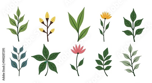 Botanical Illustration Set with Various Leaf and Flower Designs for Nature-Themed Projects and Decorative Use