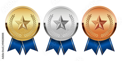 Golden silver and bronze award medal with blue ribbons and star for sport and games